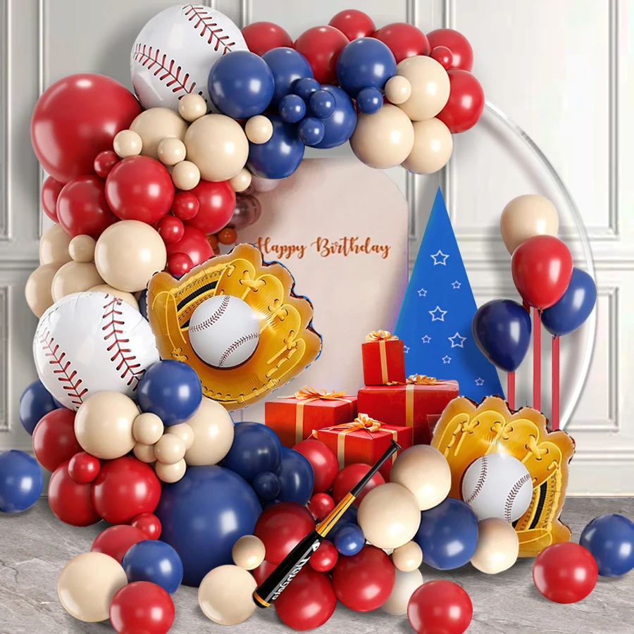113-teiliges Ballonset im Baseball-Design für Geburtstagsfeiern, Ballonbogen in Marineblau, Rot und Nude-Farben, Baseball-Handschuh-Folienballons, Baseball-Partydekorationen