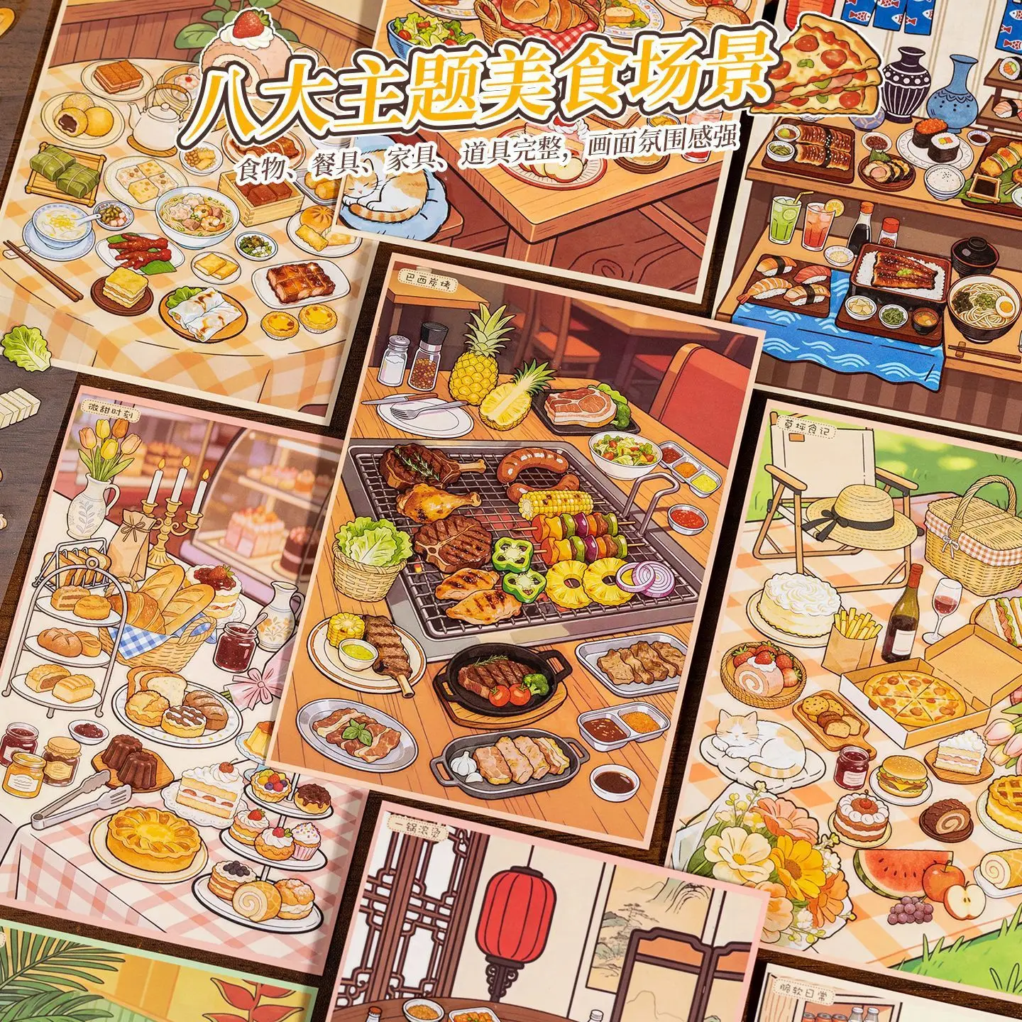 Cartoon Delicious Food Deco Scene Stickers, Steak Fruit Seafood Drink Kitchen Landscape PET Stickers for Diary Album Art Collage