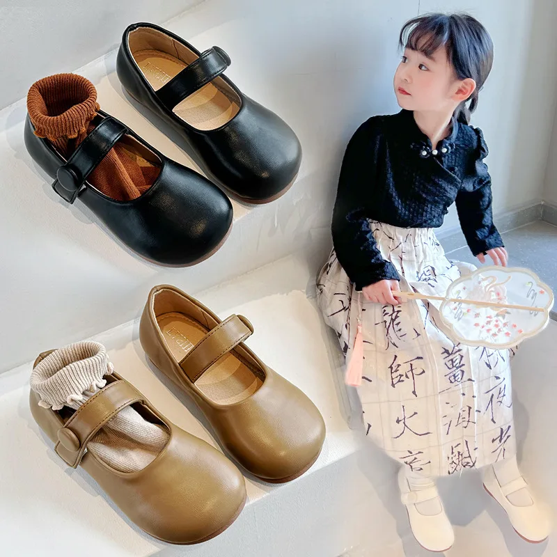 

Little Girl's Mary Janes Soft Leather Plain Design Autumn Children Princess Shoes Light Round Toe Daily 21-30 Toddler Kids Flats