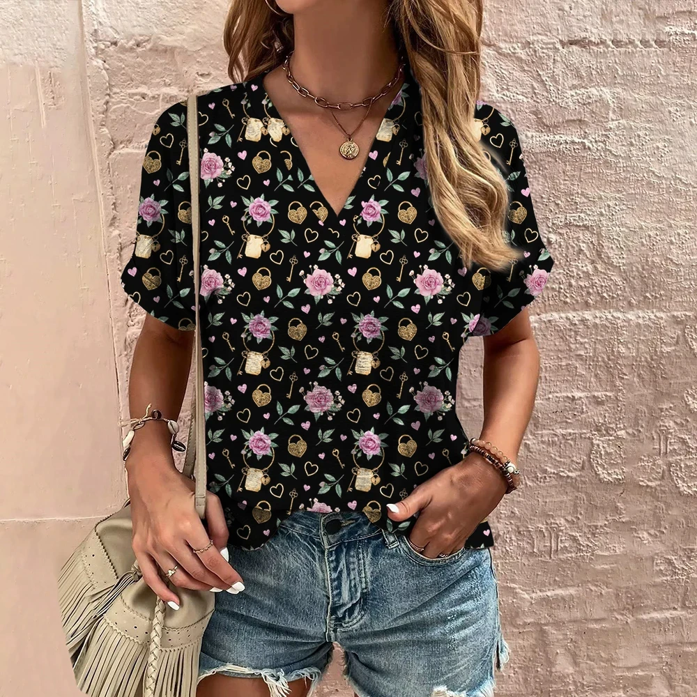 

Ethnic Printed Summer Women's T-Shirt Short Sleeve Fashion V-Neck Tee Shirt Casual Harajuku Outdoor T Shirt for Ladie Streetwear