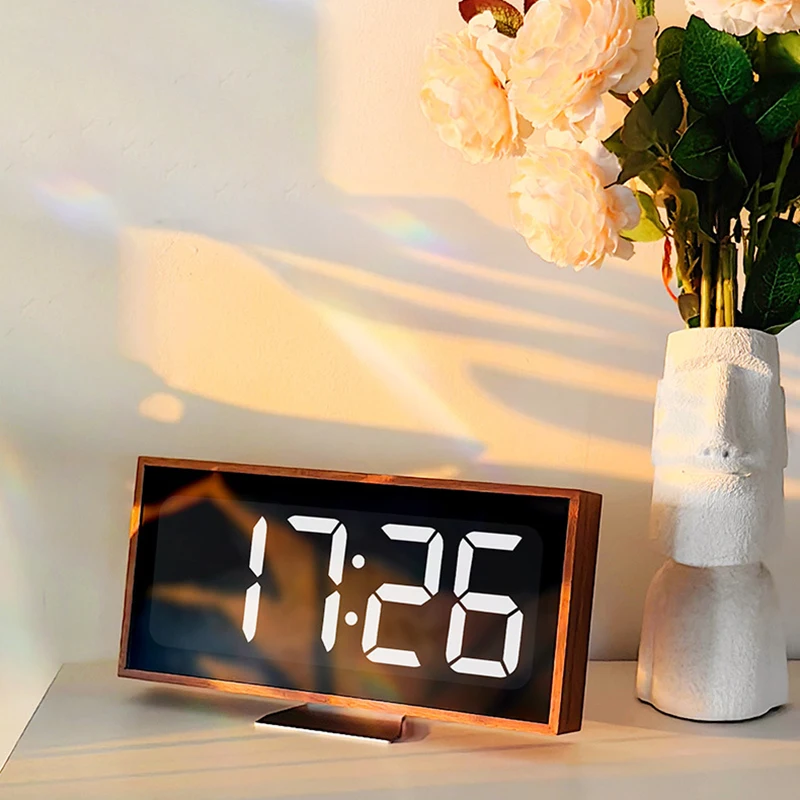 Large-Screen Digital Wooden Electronic Alarm Clock Multiple Functions For Office Desktop Decor  Wooden Voice-Activated Alarm