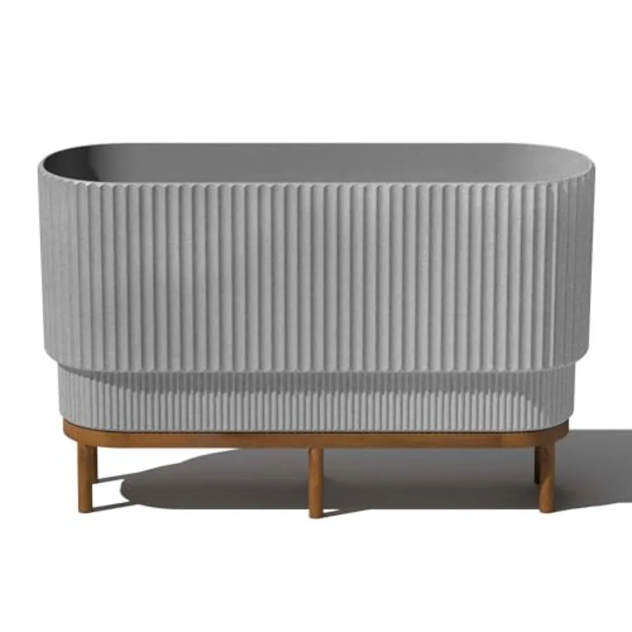 

Demi Series Raised Long Planter for Indoor/Outdoor Use Plastic Stone with Wooden Stand Gray-Black Lightweight Weather-Resistant
