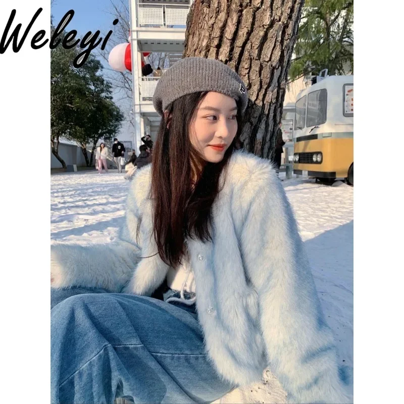 Korean Version Women's Short Overcoat 2024 Winter of Environmentally Friendly Fox Fur  Gradual Change Doll Collar Celebrity Tops