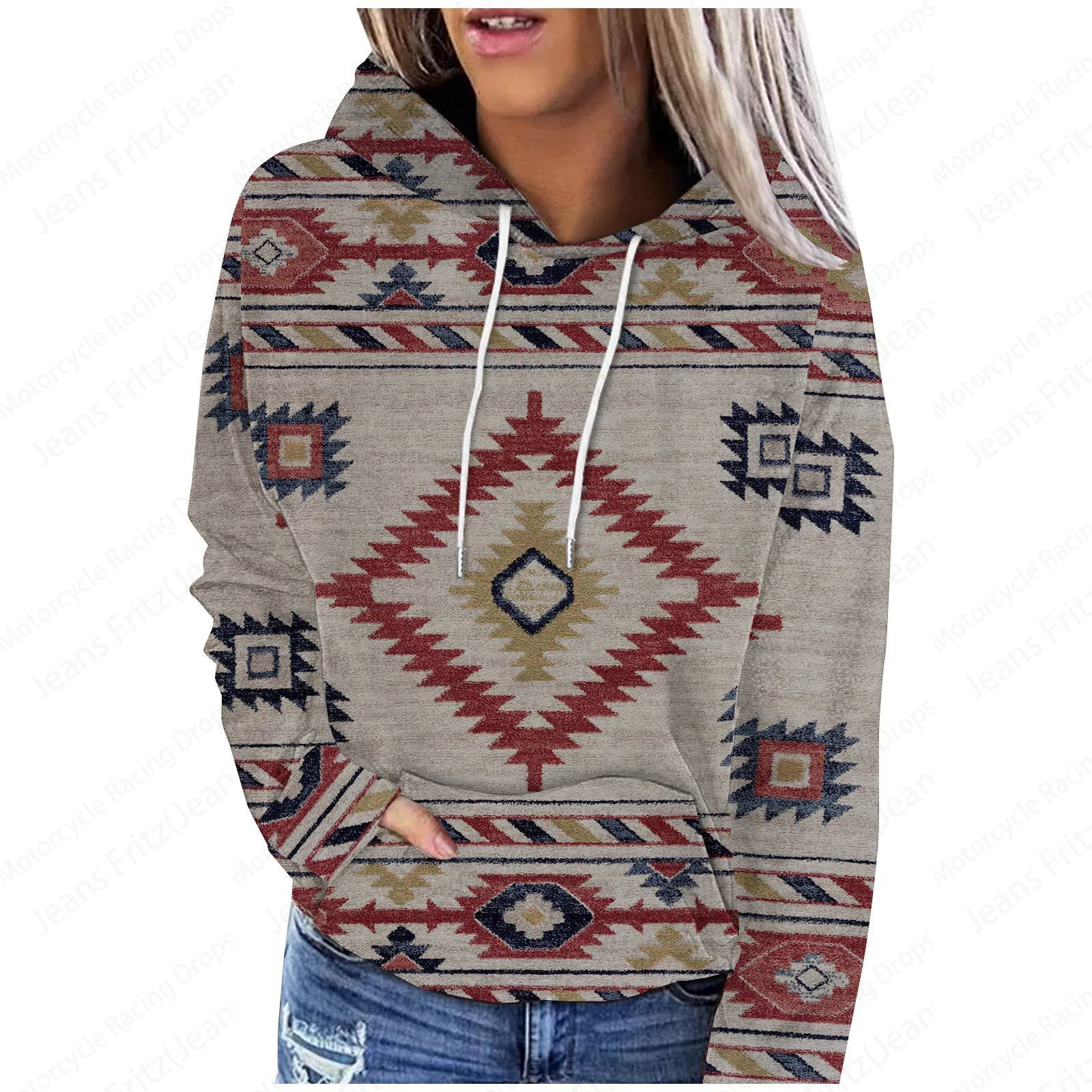 Vintage Geometric 3d Print Hoodie Women Fashion Oversized Graphic Hoodies Women Sweats Ethnic Coat Loose Sweatshirt Pullover