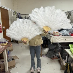 White Natural Ostrich Feather Fan 13 Bones Big Hand Held Folding Fan for Performance Dance Fans Party Stage Carnival Show Props