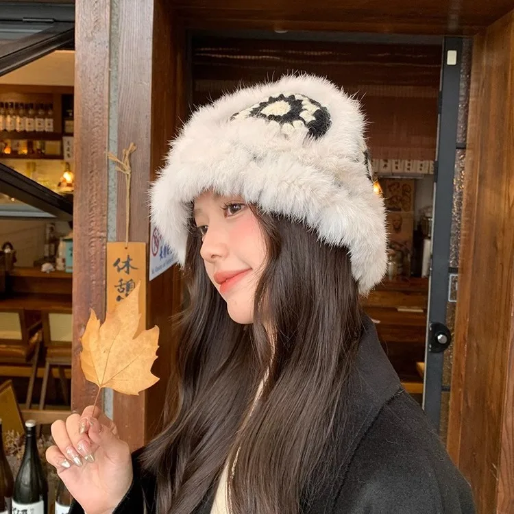 Rabbit fur knitted plush hat women's autumn and winter warm tiger head lion dance bucket hat cute slimming face yarn hat