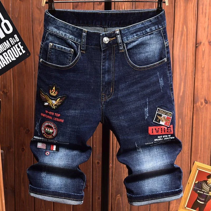 Summer Fashion Trend Printed Straight Leg Elastic Denim Shorts For Men's Casual Loose Sports Plus Large Size High-Quality Jeans