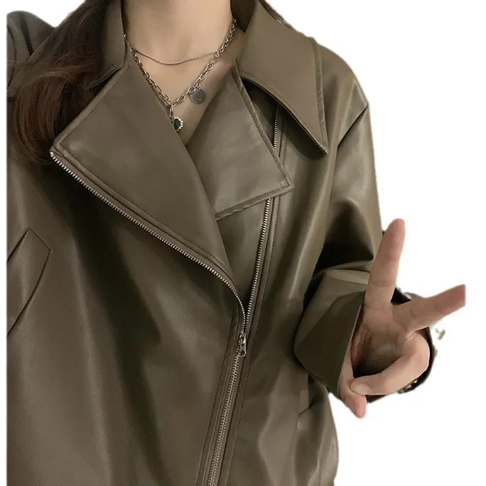 Jaet de couro retrô americano feminino primavera outono bla doce legal motocicleta couro pu solto ajuste longo sve top