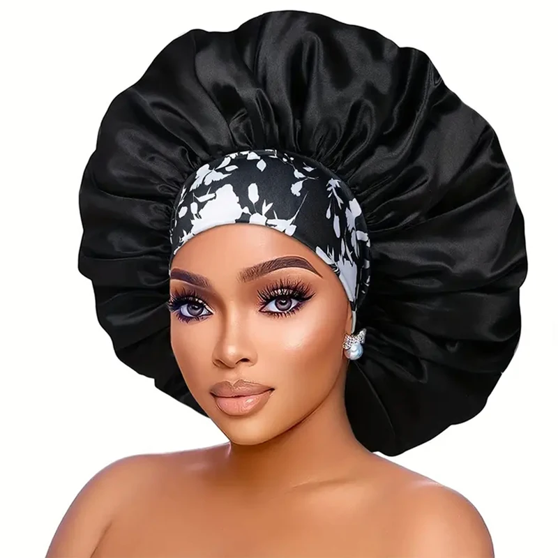 Women Extra Large Silky Satin Hair Bonnet Thick Hair Sleep Cap Elastic Band Beanie African Headwrap Flower Turban Chemo Caps