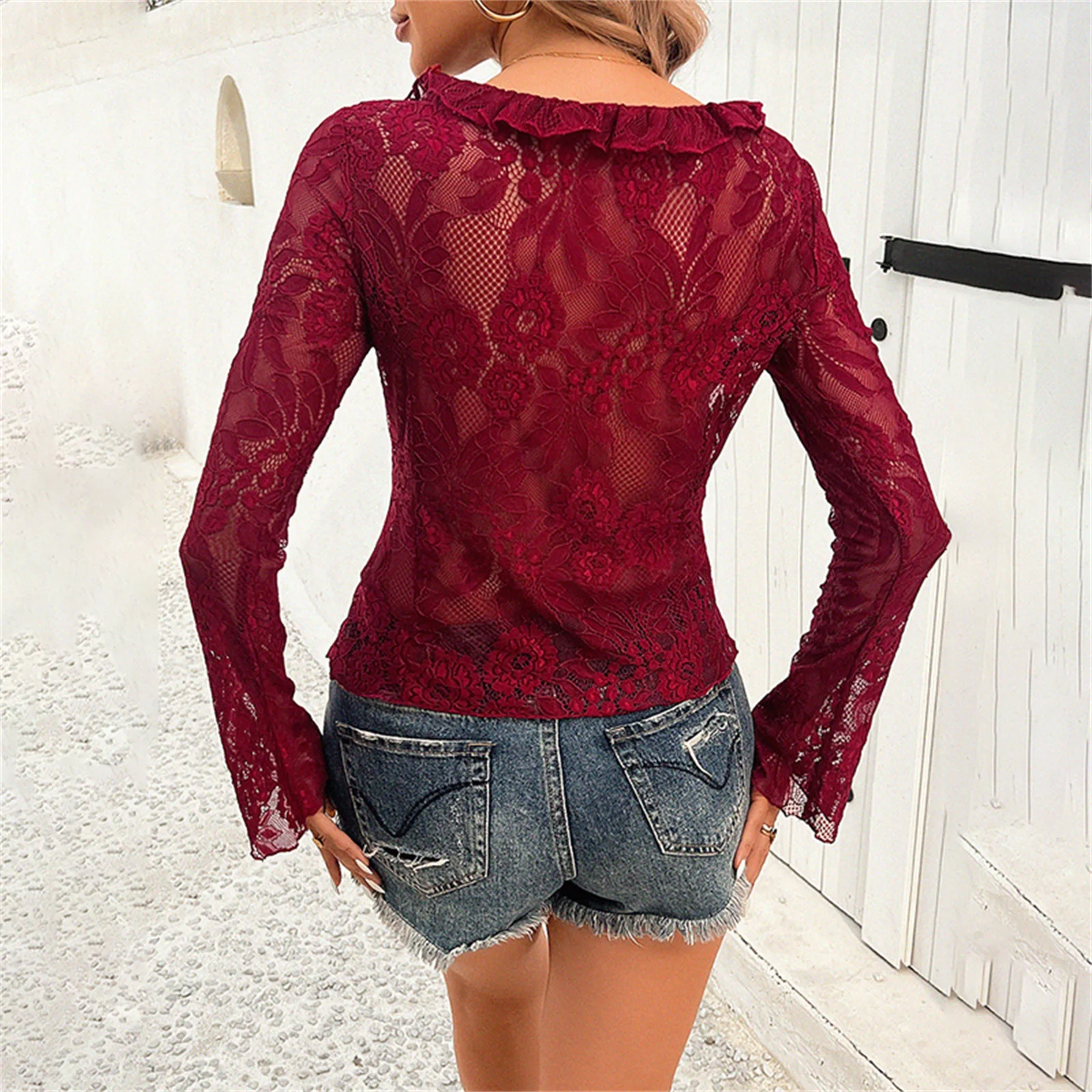 Woman y2k Fairycore Open Front Tie Up Mesh Lace Shirt Sexy v Neck Long Flare Sleeves Top See Through Ruffles Slim Fit t Shirts