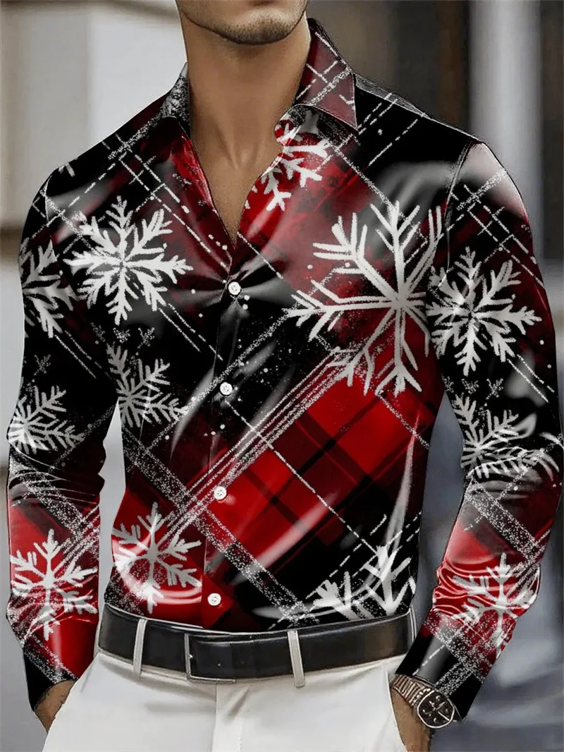 New Men's Christmas Long Sleeved Shirt, Gold Brown Gradient Christmas Socks Gift Box, Snowflake Print Lapel Top