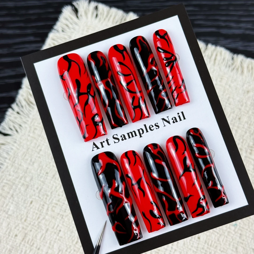 10pcs High-end Dark chick style, hand-drawn demonic punk flames, black and red color contrast design handmade fake nails
