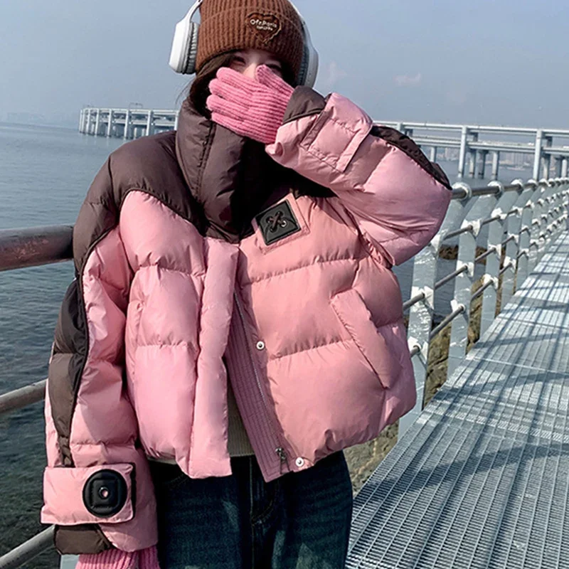

2025 Winter New Contrast Color Cotton Padded Jacket Women Korean Street Patchwork Parkas Coat Chic Cropped Zipper Outerwear Lady