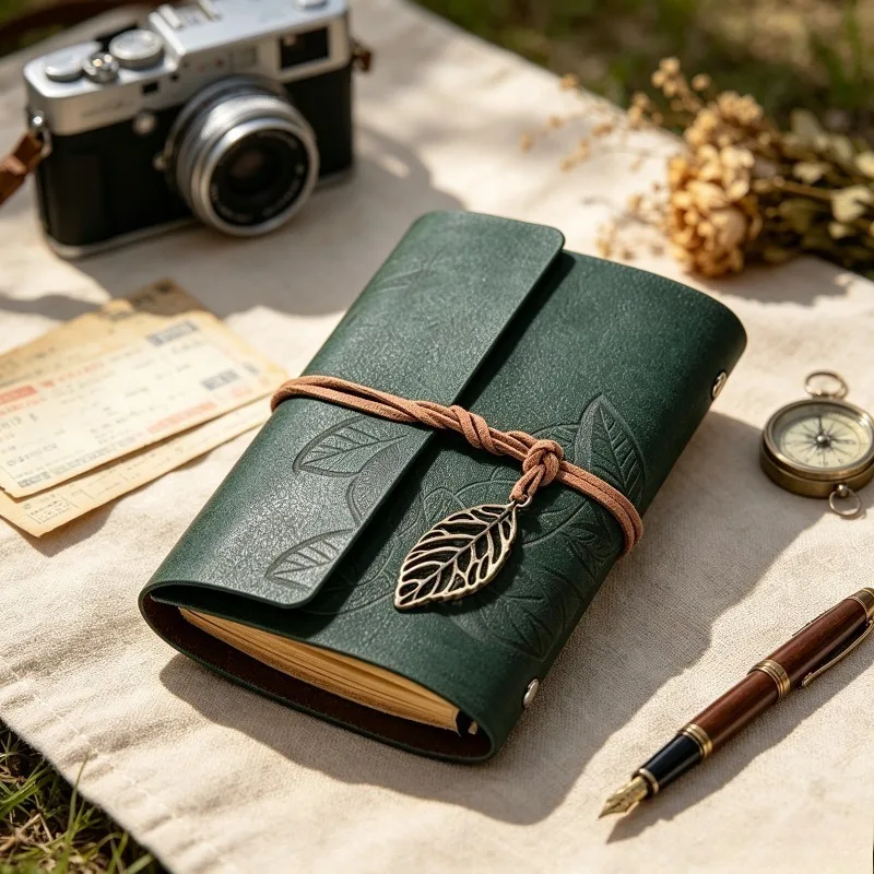 Vintage Leaf Embossed Loose‑Leaf Journal, Pocket‑Size Sketchbook with Pendant & Gift Tag, Travel Diary for School & Office