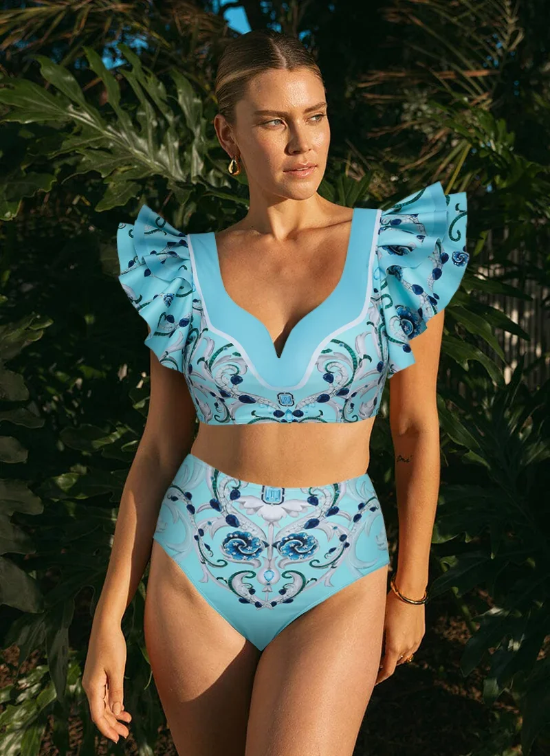 Flaxmaker Blue Jewelry Pattern Print Swimsuit and Sarong Flaxmaker Clearance Wholesale Bathing Suit two-pieces