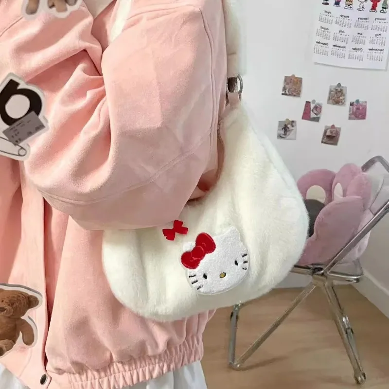 MBTI-Bolsos de hombro de Hello Kitty para mujer, bolso de mano de felpa blanca, bonito y dulce, Y2k, bolsos estéticos originales, 2024