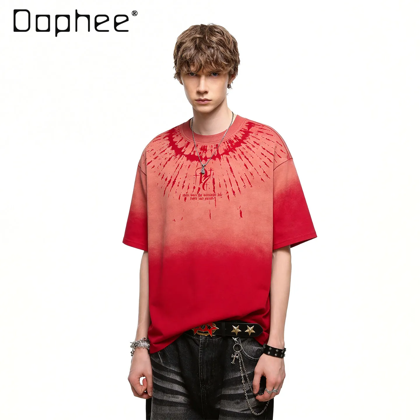 

Summer New American Hip Hop Street Style Men Black Gray Red Gradient Loose Casual Round Neck Short Sleeve T-Shirt