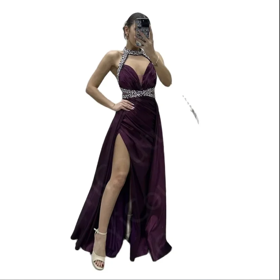 Vestidos de fiesta morados clásicos personalizados, vestidos de noche sin mangas con abertura en el muslo, vestido de fiesta de cumpleaños con cuello Halter, vestido de noche con espalda descubierta