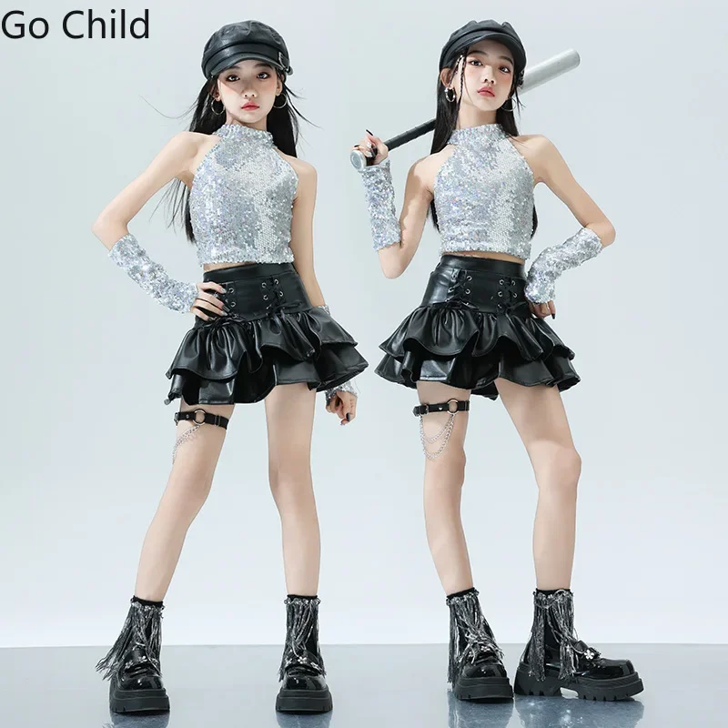 Girls K-pop Silver Sequin Top Leather Goth Skirts Clothes Sets Kids Hip Hop Street Dance Costumes Children Girl Group Streetwear