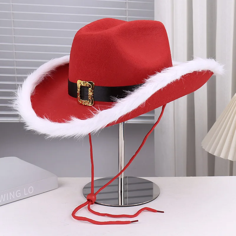Wide Brim Cowgirl Hat Christmas Party Cowboy Hat Western Red Felt Cap Xmas Party Deco