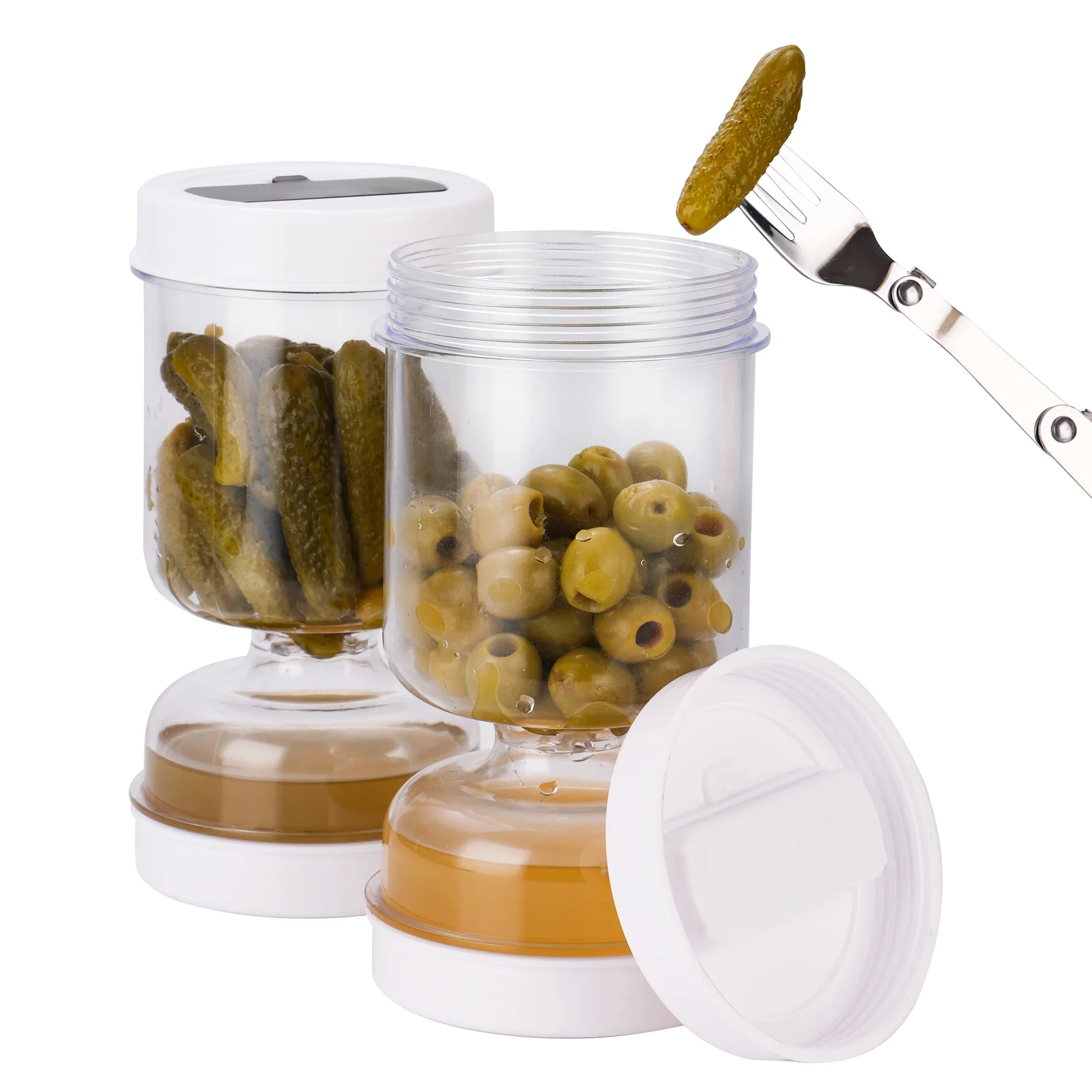Tarro colador para aceitunas y pepinillos, nuevo contenedor de aceitunas tipo reloj de arena con colador, recipiente hermético para pepinillos para almacenamiento de alimentos.