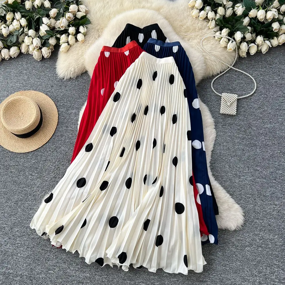 Big Polka Dot Pleated Skirt Women Fashion High Waist A-line Dance Party Beach Long Skirt Maxi Spring Summer Autumn 2026 New