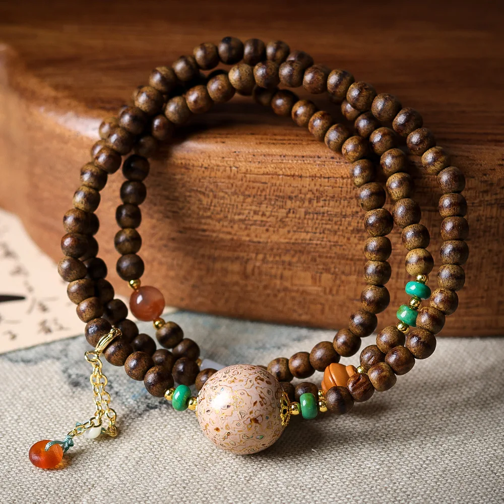 Original Design Butter Agarwood Triple-wrap Bracelet: Lacquer Beads, South Red Agate, Jadeite Chinese Women's Gift