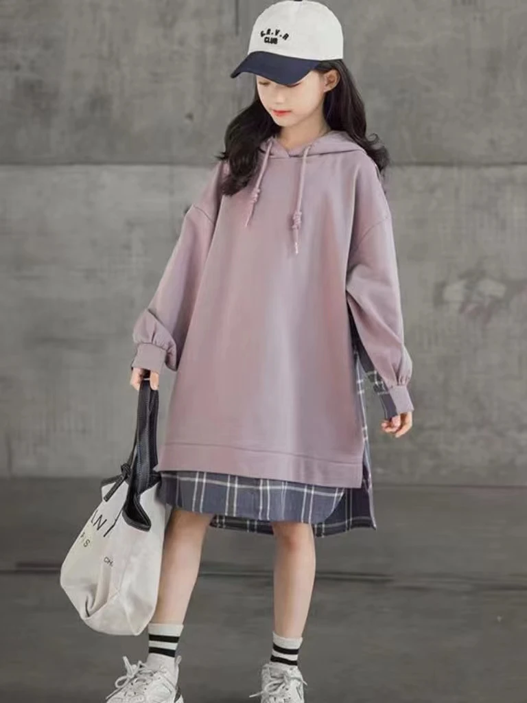 Girls Dress 2024 Spring Autumn Kids Hoodie Jackets Loose Dress Casual Long Sleeve Lattice Dresses For Girl Teen 5 - 14 Year