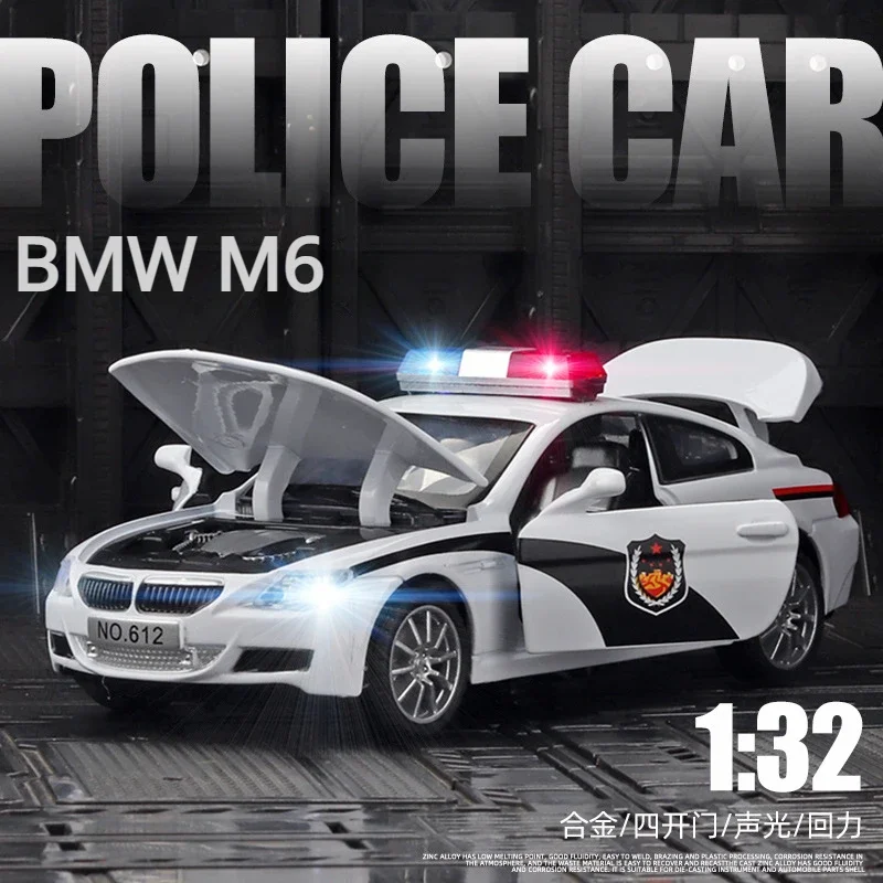 

1:32 BMW M6 Police Car High Simulation Diecast Metal Alloy Model Car Sound Light Pull Back Collection Kids Toy Gifts