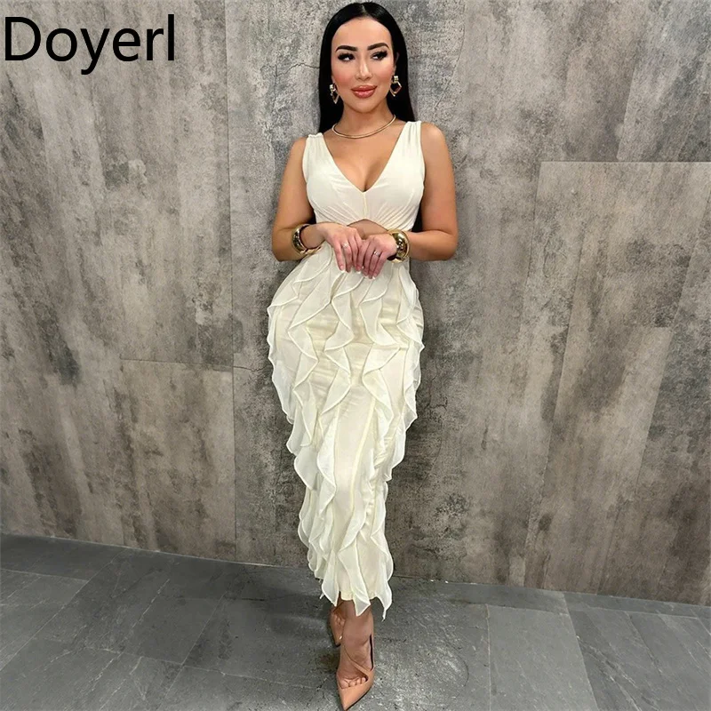 Doyerl Elegante abito lungo aderente scollato da donna Club Wear Canotta da festa senza maniche con scollo a V Guaina con volant Abiti lunghi di mezzanotte