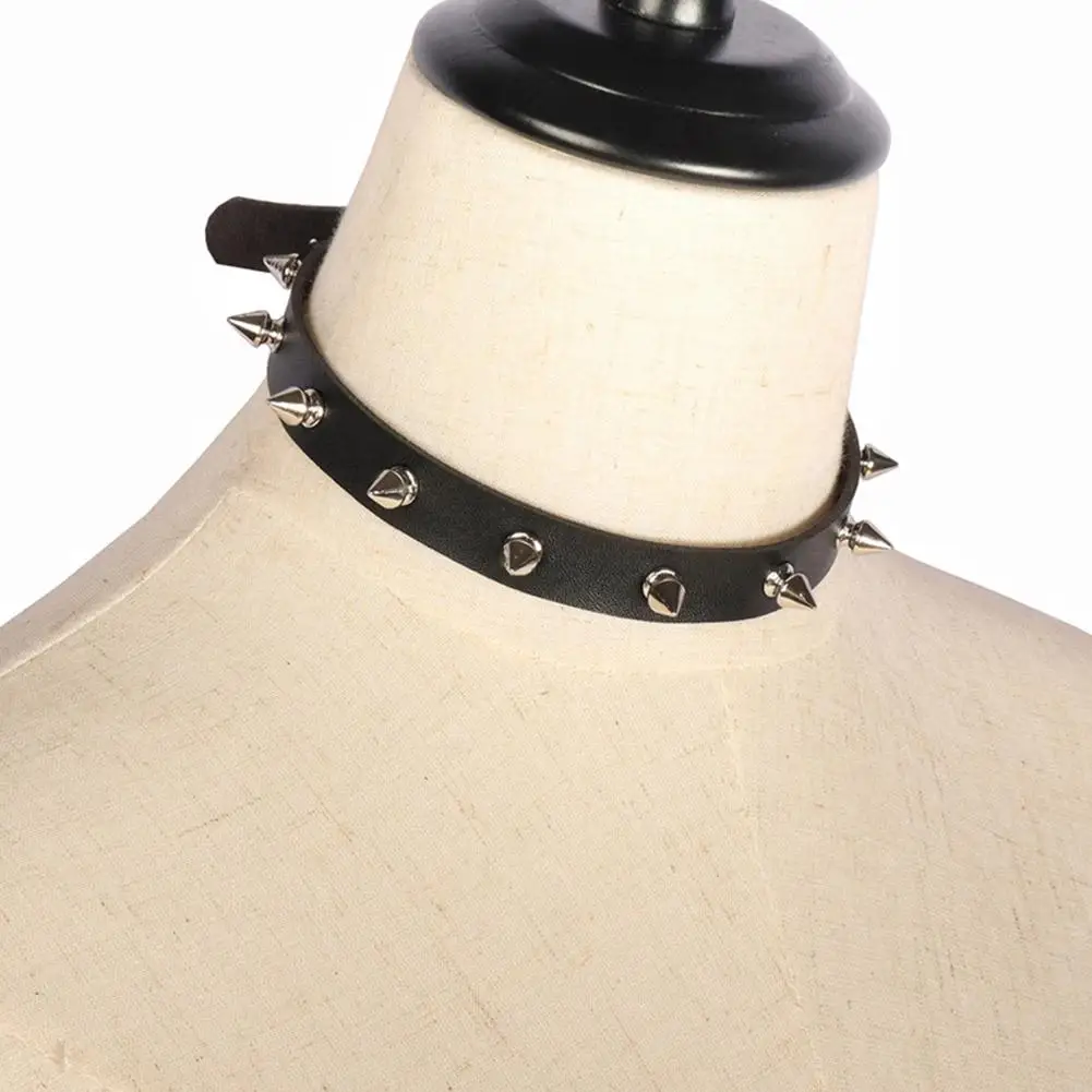 Black PU Leather Choker Necklace For Women Men Cool Punk Gothic  Spike Biker Choker PU Leather Collar Studded Rock Necklace