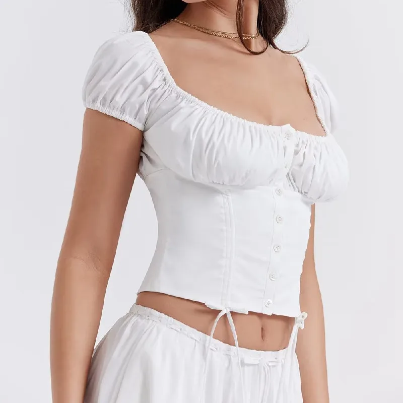 Sexy Corset White Ruched Chest Elastic Square Collar Short Puff Sleeve Shirt Women Drawstring Tie Bow Center Buttons Crop Tops