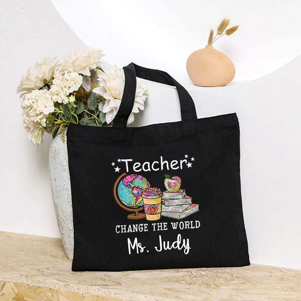 

Teacher Change The World Shoulder Bag Custom Name Women Canvas Shopping Bag Personalised Aesthetic School Bags Teacher Gifts