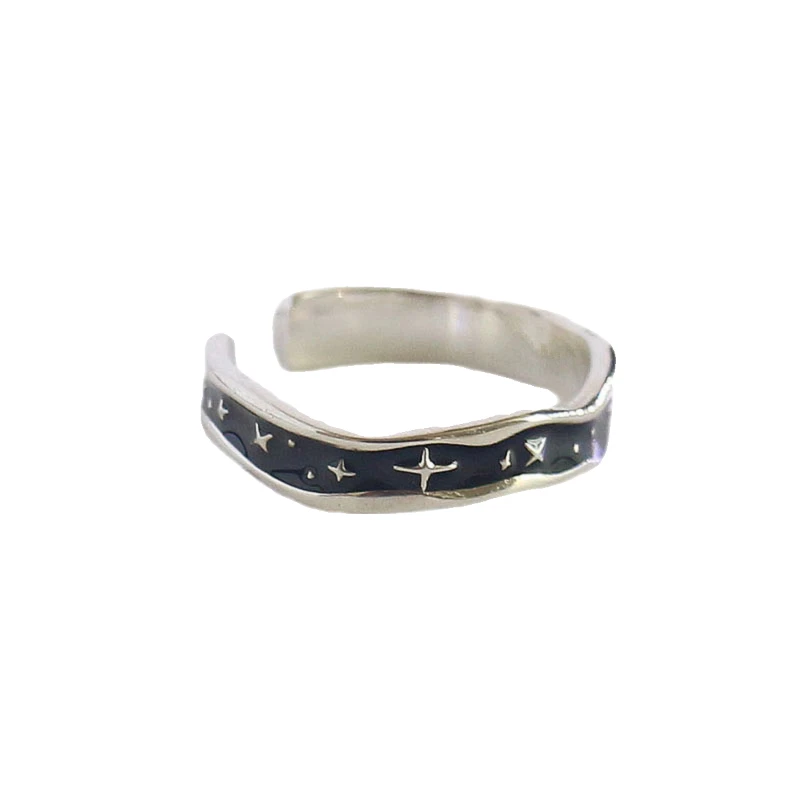 Irregular Star Shaped Black Glazing Ring Korean Version Fashionable High End Gift for Girls 925 Sterling Silver Ring for Women