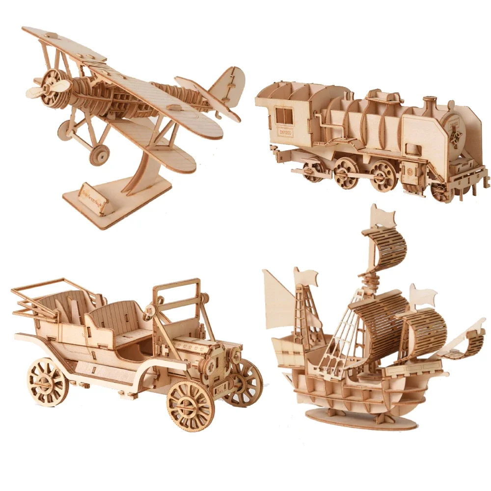 3D DIY Locomotive Train Puzzles Toys Assembly Build Blocks Wood Craft Kits for Kid & Adults Handmade Jiagsaw Models Decor Gift