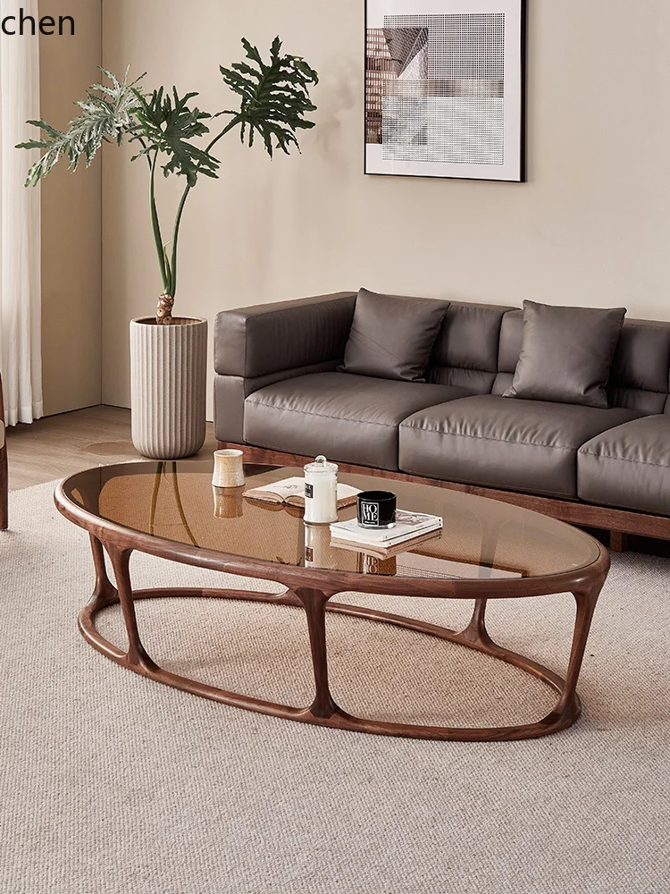 YFY Walnut Oval Glass Coffee Table Living Room Log Minimalist Solid Wood Stone Plate