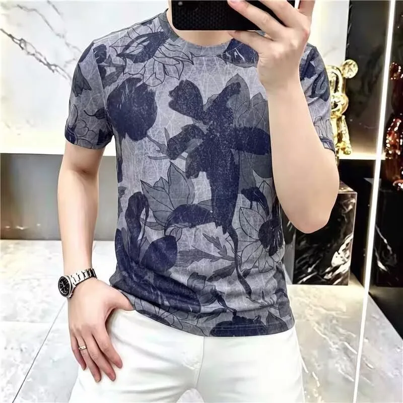 Trendy Retro Printed Short Sleeved T-shirt for Men Round Neck Breathable Casual T-shirts Versatile Social Tee Tops Men Clothing