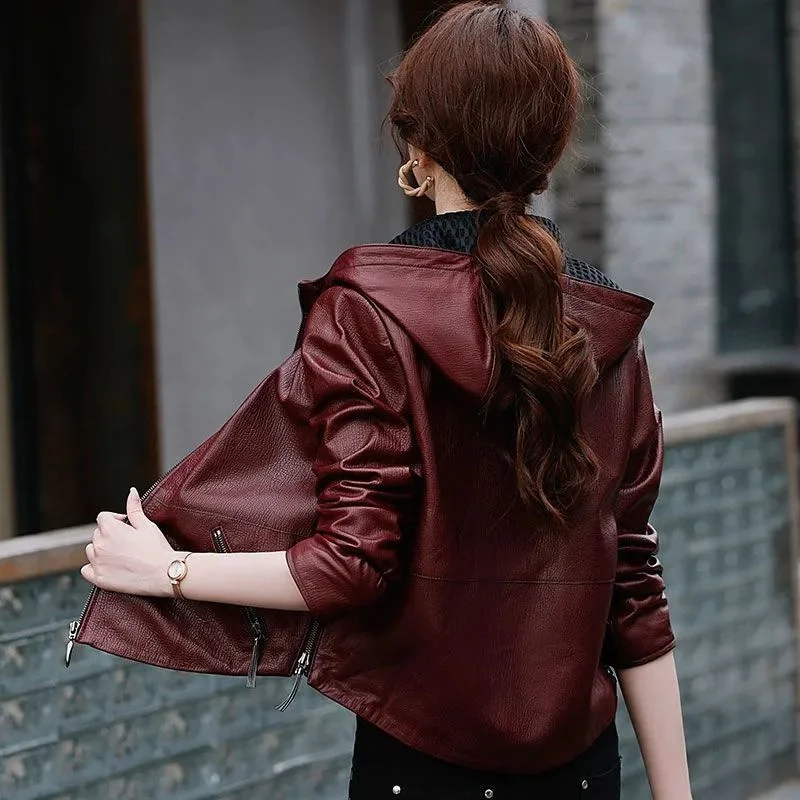 

2026 New Spring Autumn Casual Short Leather Coat Women's Locomotive Jacket Fashion New Hooded Korean Version Top Outerwear