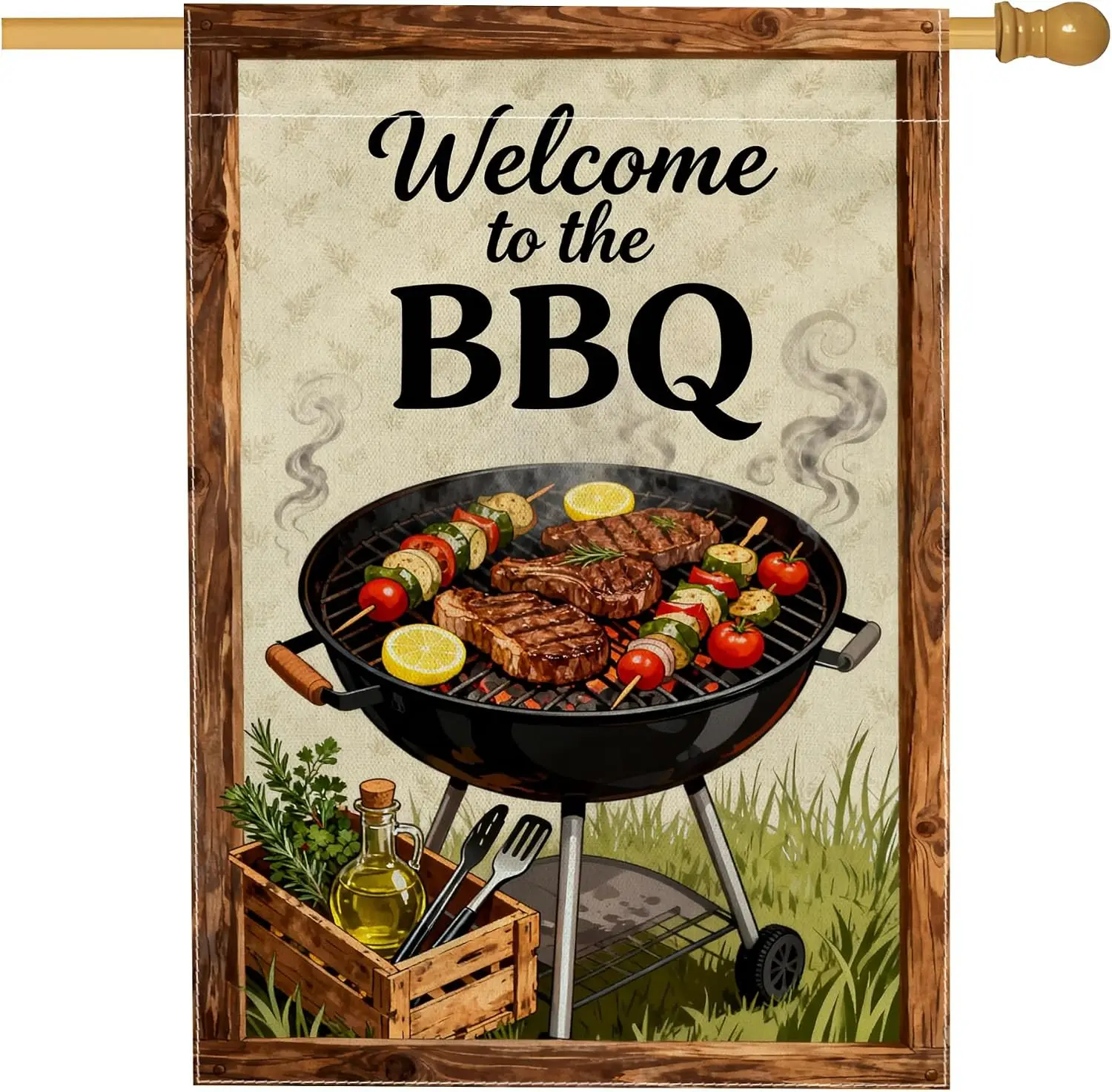 Grill House Flag, Summer Outdoor Steak Vegetables Summer Green Double Sided Burlap Outside Large Garden Flag for Outdoor Pat AAM