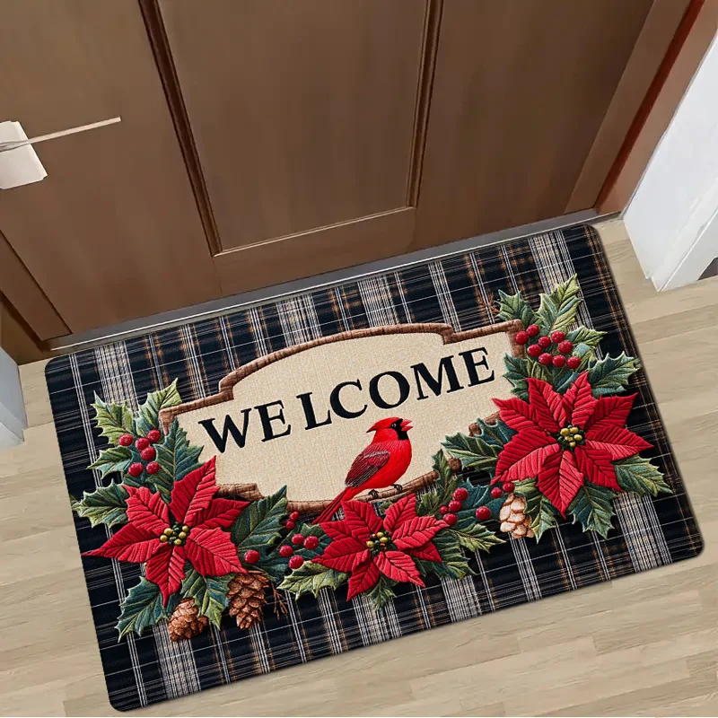 VIKAMA American Vintage Plaid Christmas Entry Floor Mats Cardinal Ichiban Print Decorative Rugs Holiday Home Decoration