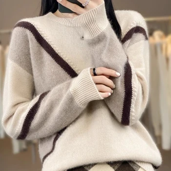 100% puro Cashmere maglione donna Color Block Plus Size girocollo maglione sciolto spesso lavorato a maglia Base Pullover moda coreana