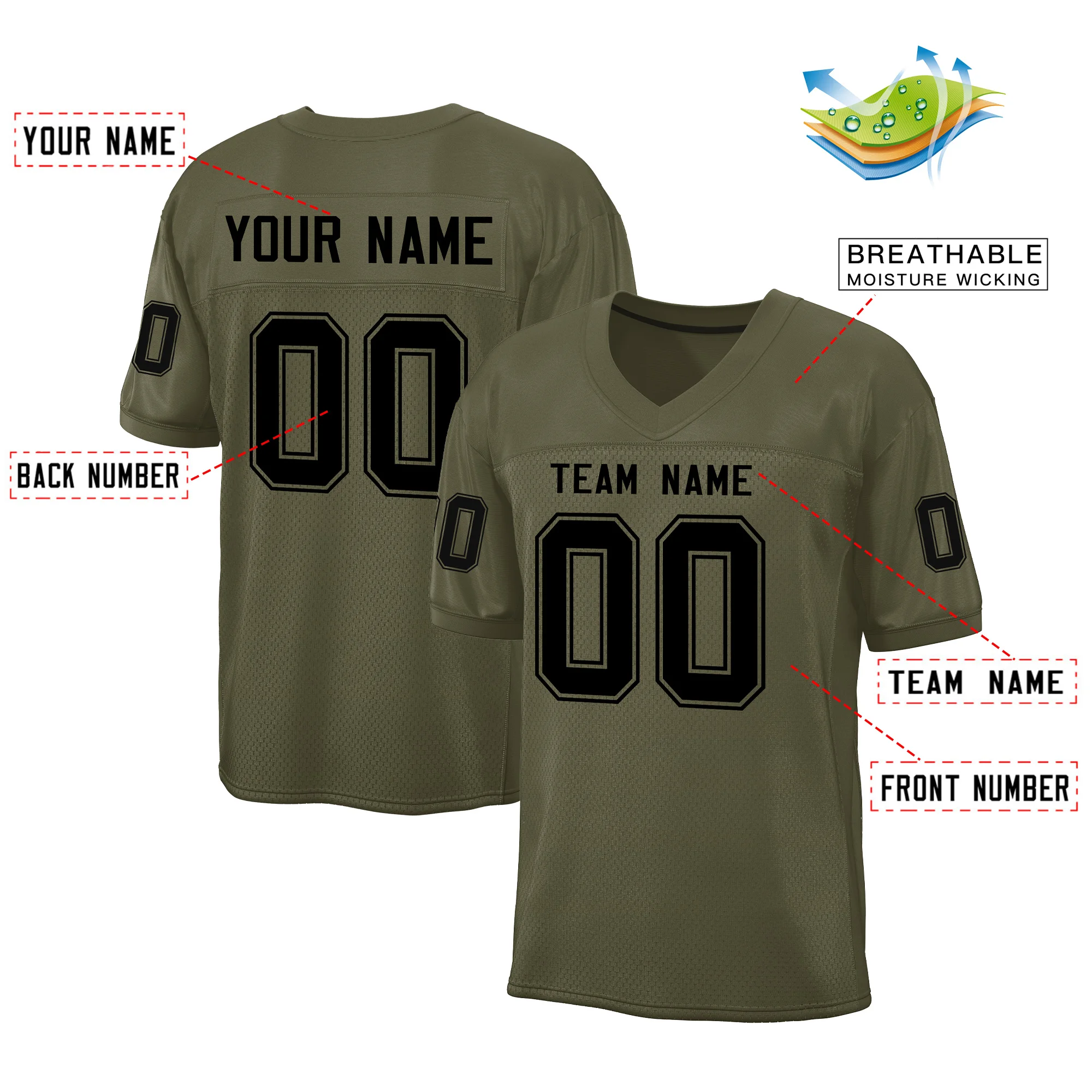 Personalized Green Football Jersey Printed Letter Number Football Tee Shirt Athletic Uniform Big Size