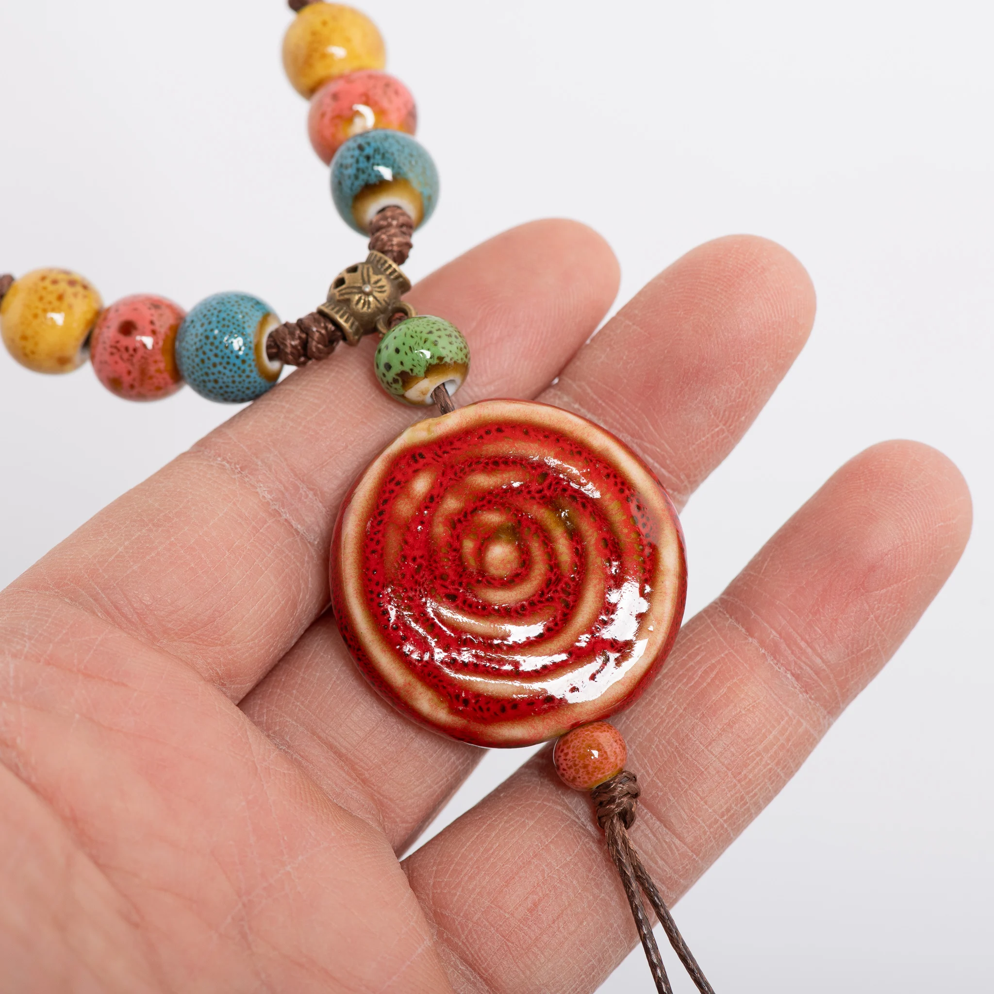 Handmade Red Pattern Ceramic Necklace Adjustable Vintage Pendant Boho Long Necklace  Accessories 1107