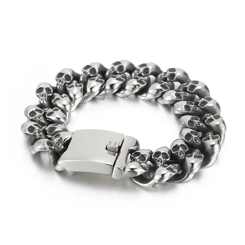 19mm Heavy Punk Retro Black Biker Skull Bracelet Men Women Hiphop Rock Stainless Steel Cuban Curb Chain Skeleton Bangle Jewelry