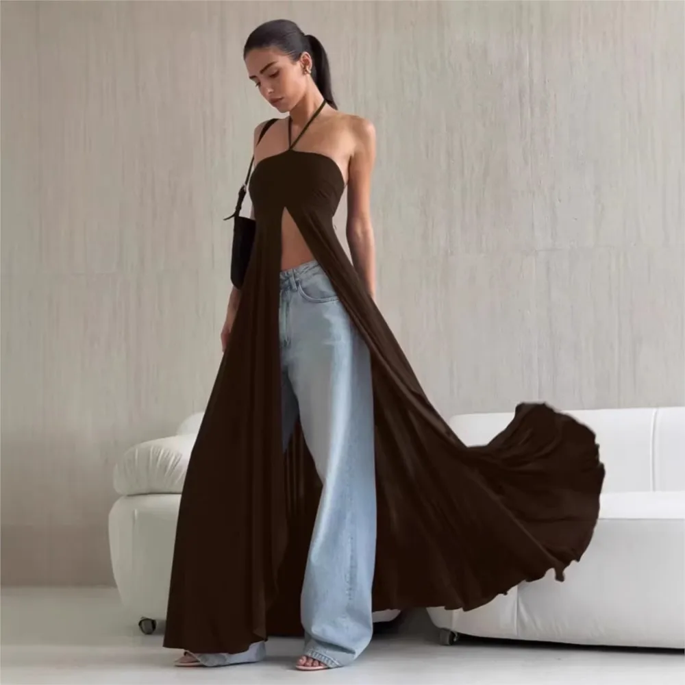 

French Elegant Loose Halterneck Suspender Dress Spring Summer New Women's Casual Brown Chest-wrapped Slit Long Dress Vestidos