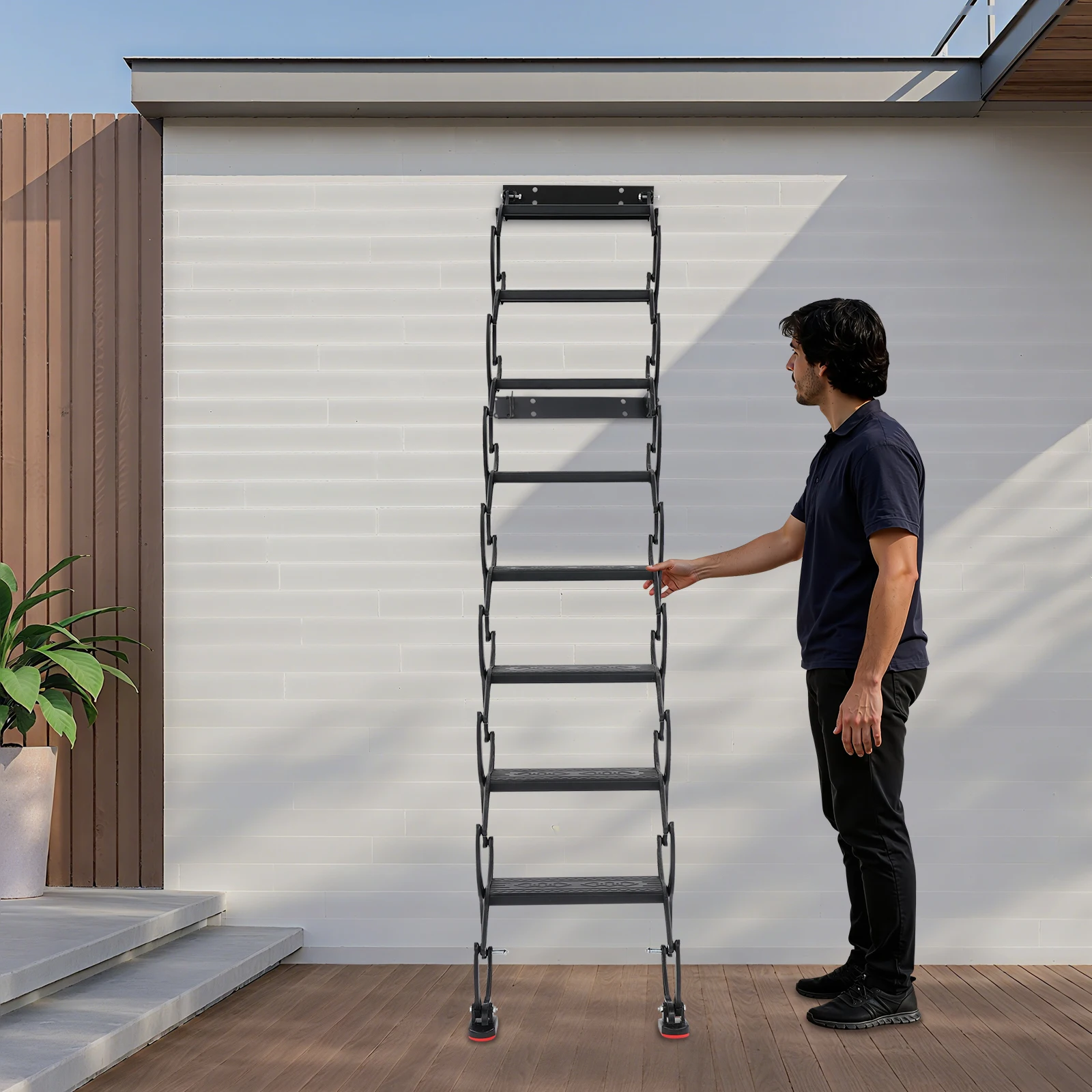 

8 Steps Black Wall Mounted Folding Ladder Retractable Folding Stair for Factory Buildings Villas Attics