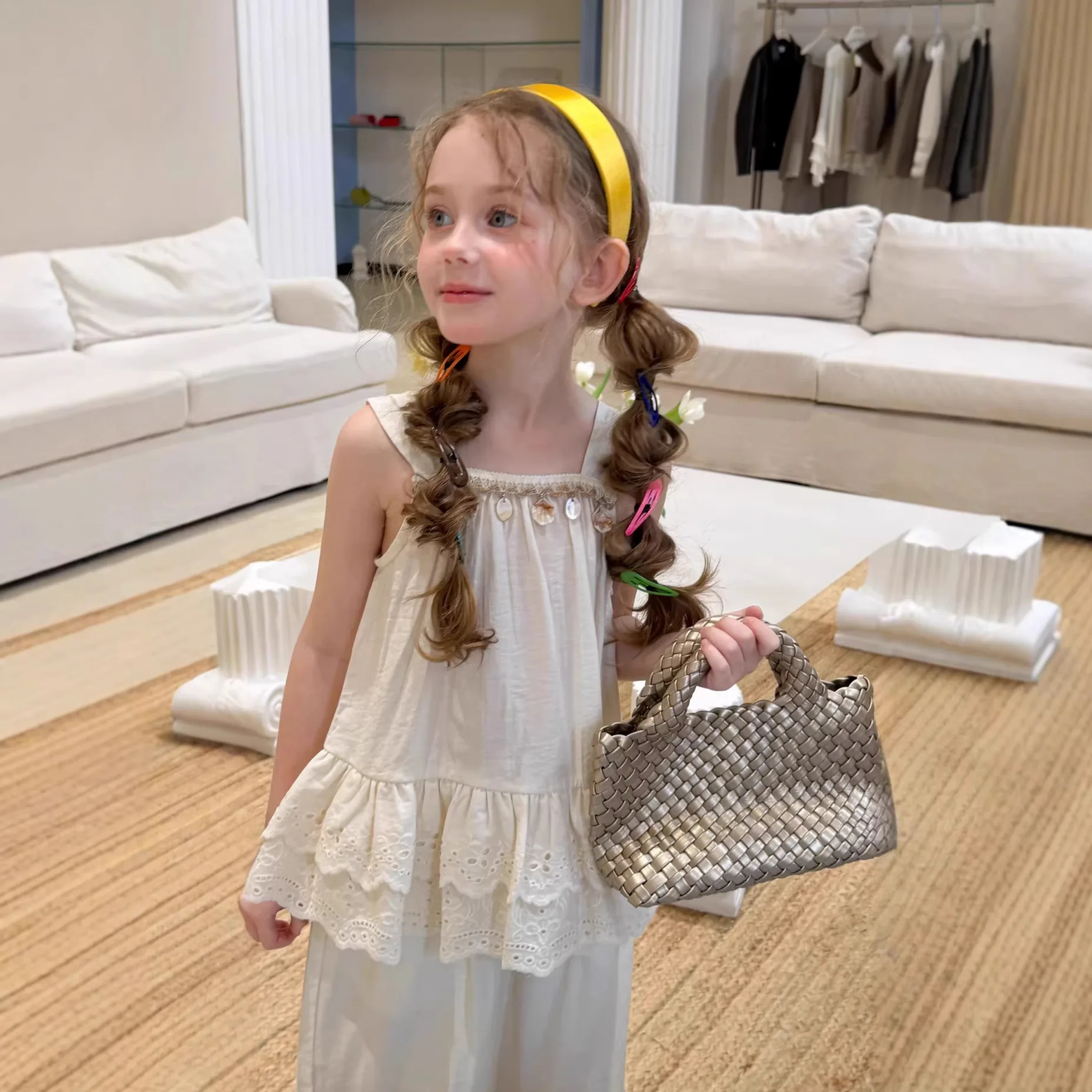 2026 Summer New Sleeveless Camisole Shell Hanging Style Western-style Little Girl Vacation Casual Style Solid Two-piece Set