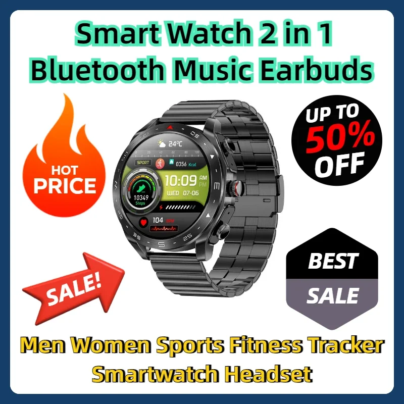 

Smart Watch 2 in 1 Bluetooth Music Earbuds Men Women Sports Fitness Tracker Smartwatch Headset