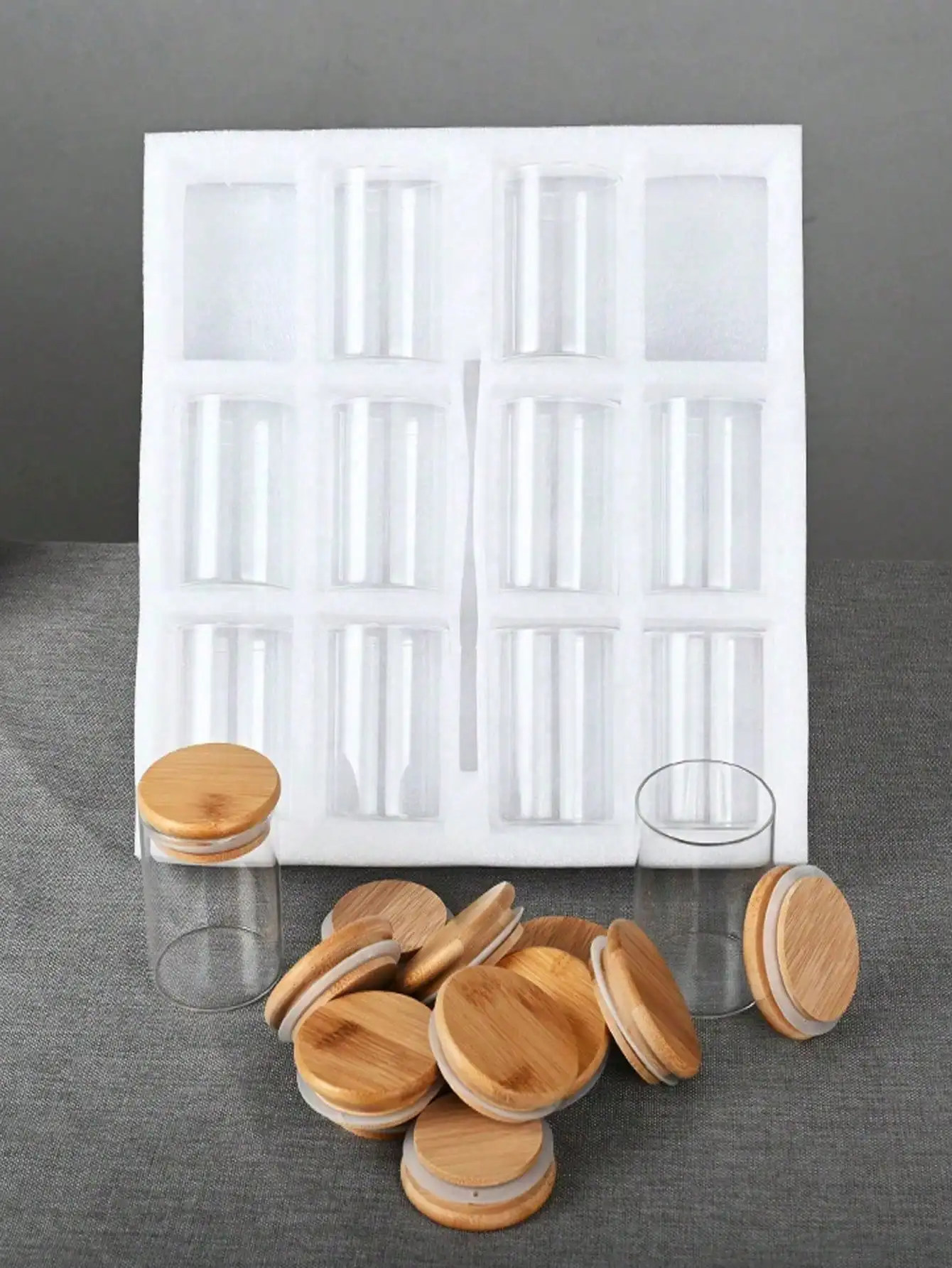 (12 برطمانًا + 16 ملصقًا) مجموعة برطمان توابل زجاجي بغطاء من الخيزران - تخزين مختوم للحبوب والشاي والقهوة ومستلزمات المطبخ