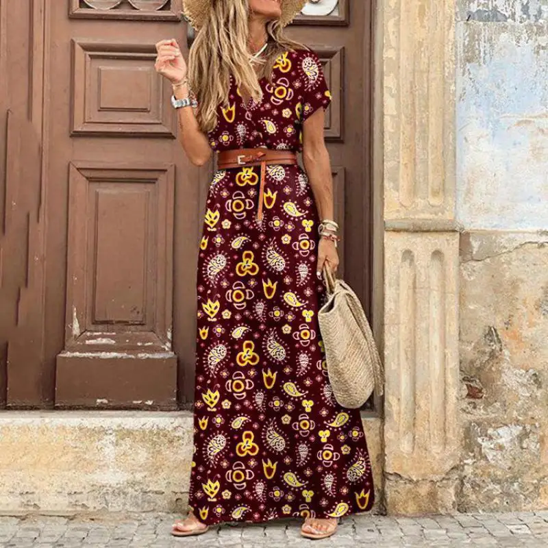 2024 New Spicy Girl Women's Fashion And Casual Bohemian V-neck Fragmented Flower Dress